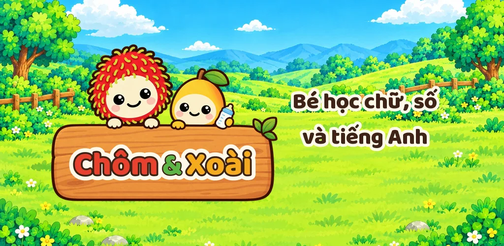 Chôm và Xoài trên tấm biển gỗ giữa đồng cỏ: Bé học chữ, số và tiếng Anh